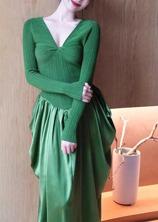 Fitted Wrinkled Knit Silk Long Dresses Fall