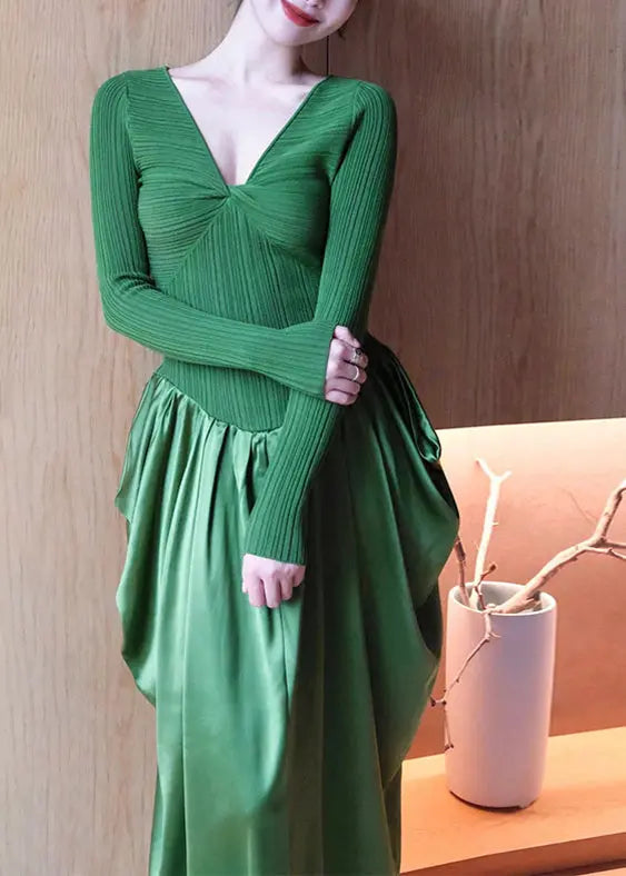 Fitted Wrinkled Knit Silk Long Dresses Fall