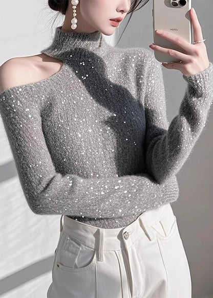 Fitted Grey Cold Shoulder Sequins Knit Sweaters Spring Tn041