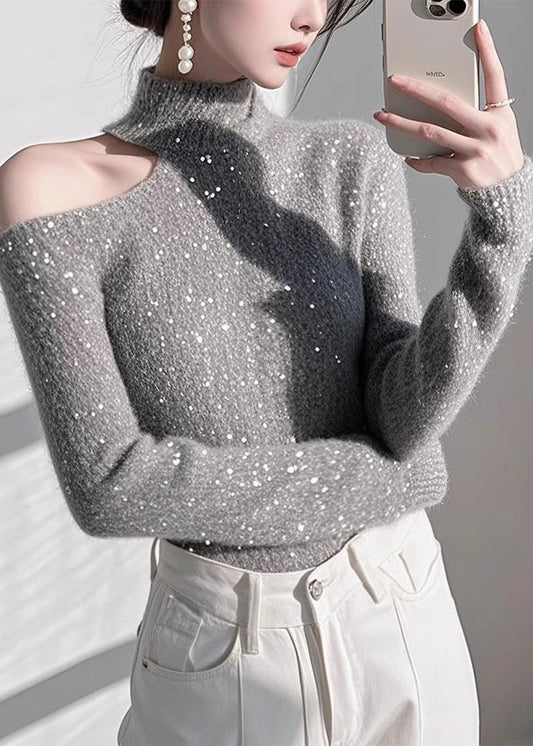 Fitted Grey Cold Shoulder Sequins Knit Sweaters Spring Tn041