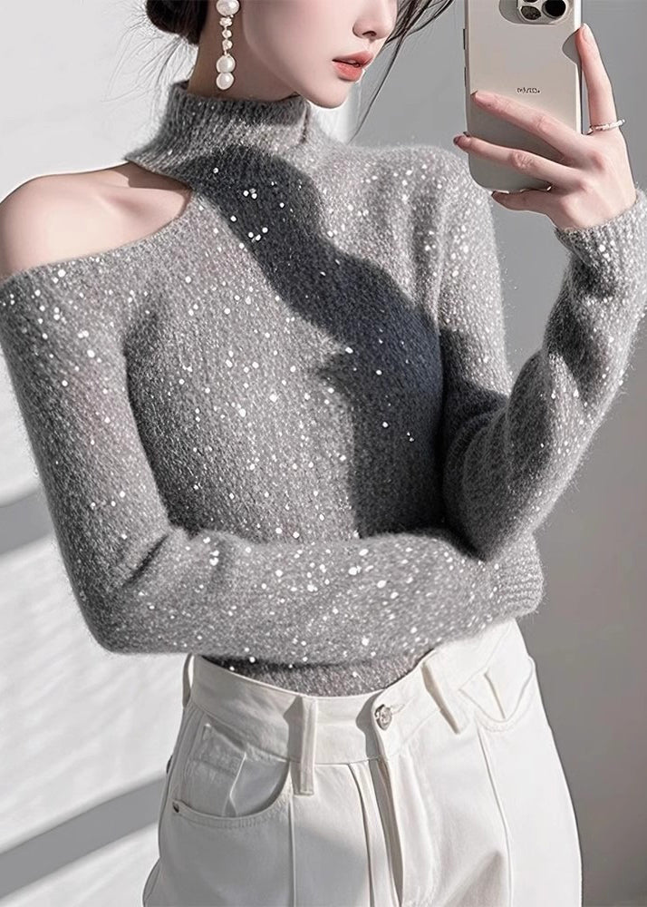 Fitted Grey Cold Shoulder Sequins Knit Sweaters Spring Tn041
