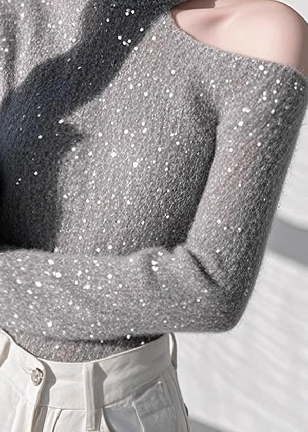 Fitted Grey Cold Shoulder Sequins Knit Sweaters Spring Tn041