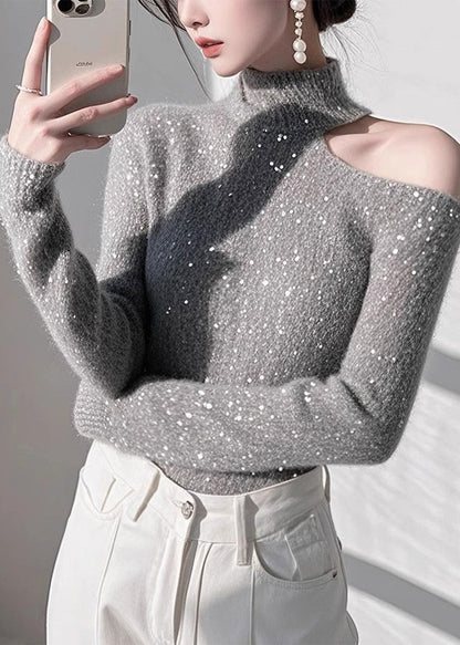 Fitted Grey Cold Shoulder Sequins Knit Sweaters Spring Tn041