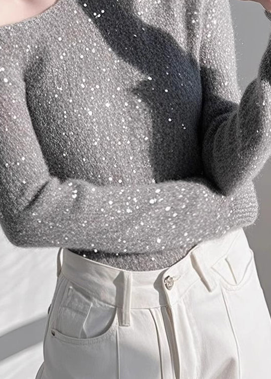 Fitted Grey Cold Shoulder Sequins Knit Sweaters Spring Tn041
