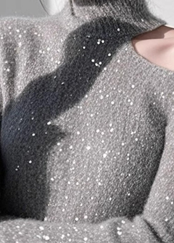 Fitted Grey Cold Shoulder Sequins Knit Sweaters Spring Tn041