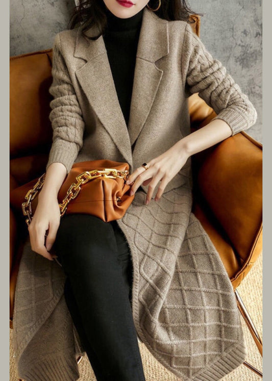 Fitted Grey Notched Thick Wool Knit Maxi Coat Winter Rp004