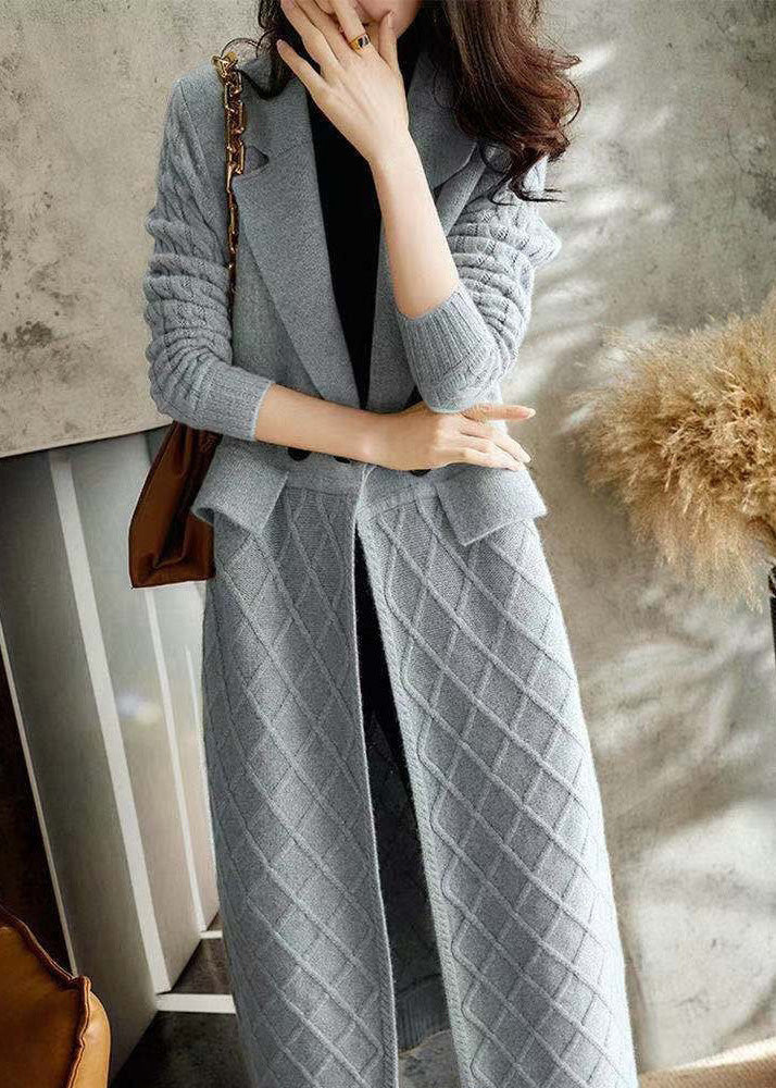 Fitted Grey Notched Thick Wool Knit Maxi Coat Winter Rp004