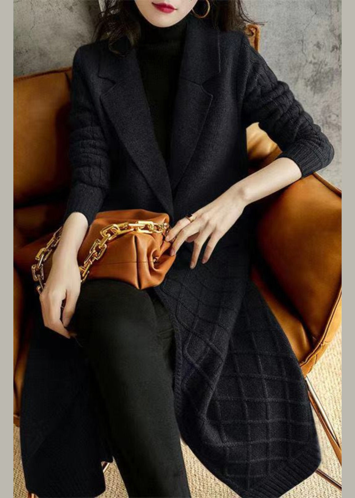 Fitted Grey Notched Thick Wool Knit Maxi Coat Winter Rp004