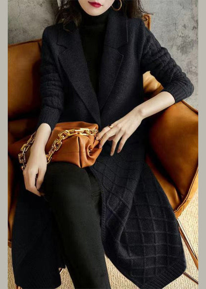 Fitted Grey Notched Thick Wool Knit Maxi Coat Winter Rp004