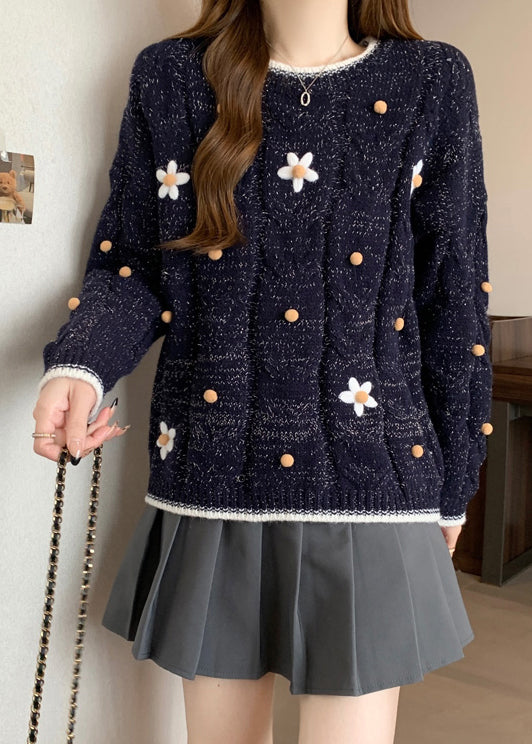 Fitted Navy O-neck Embroidered Knit Short Sweater Winter Rg022