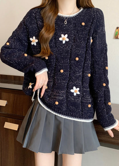 Fitted Navy O-neck Embroidered Knit Short Sweater Winter Rg022