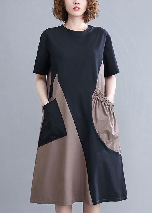 Fitted O-neck Asymmetrical Patchwork Wrinkled Long Dresses Summer Ac2007