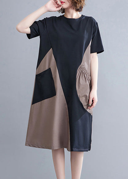 Fitted O-neck Asymmetrical Patchwork Wrinkled Long Dresses Summer Ac2007