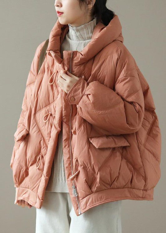 Fitted Orange Hooded Zippered Pockets Winter Down Coats Long Sleeve Qs037