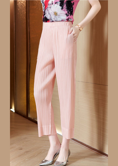 Fitted Pink Elastic Waist Side Open Silk Pants Trousers Spring Ly0445