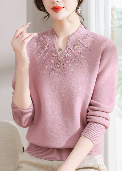 Fitted Pink O Neck Zircon Warm Fleece Knit Sweaters Spring Tq020