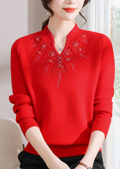 Fitted Pink O Neck Zircon Warm Fleece Knit Sweaters Spring Tq020
