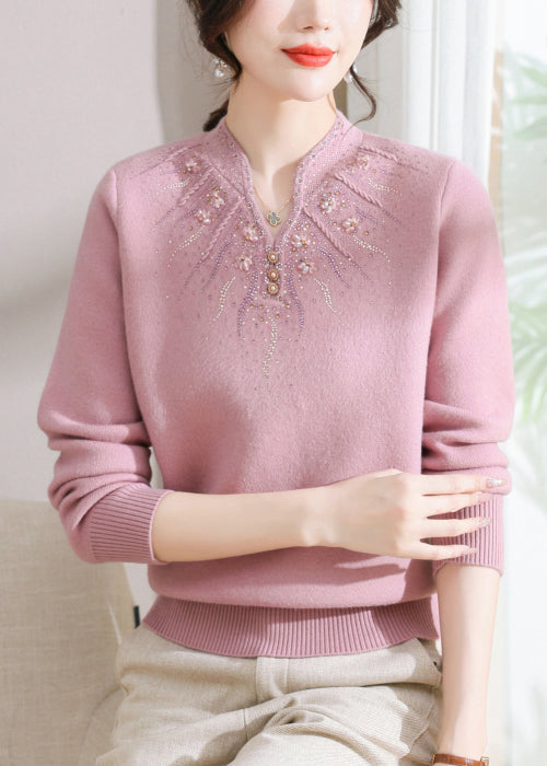 Fitted Pink O Neck Zircon Warm Fleece Knit Sweaters Spring Tq020
