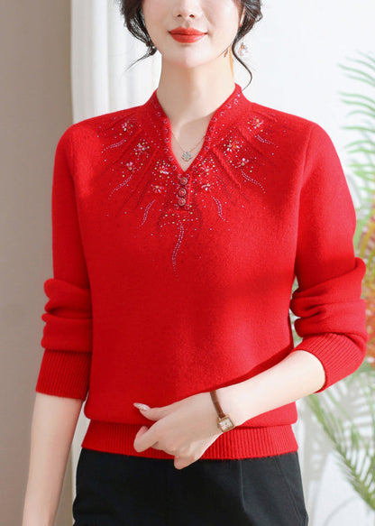 Fitted Pink O Neck Zircon Warm Fleece Knit Sweaters Spring Tq020