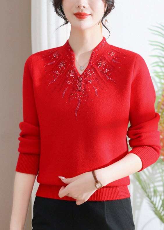 Fitted Pink O Neck Zircon Warm Fleece Knit Sweaters Spring Tq020