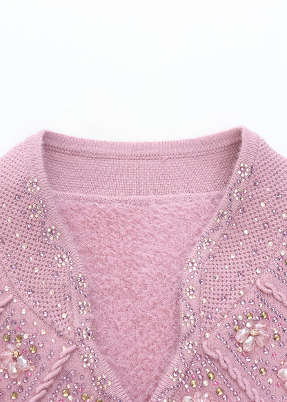 Fitted Pink O Neck Zircon Warm Fleece Knit Sweaters Spring Tq020