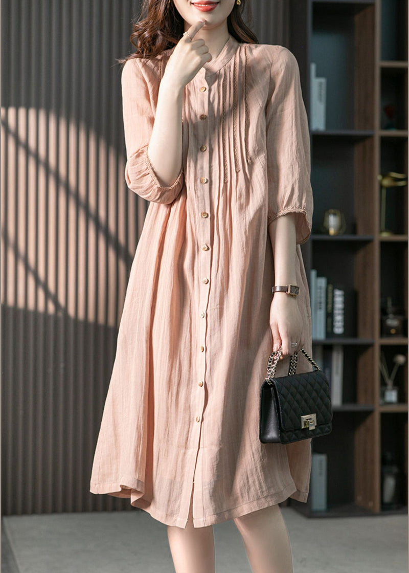 Fitted Pink Stand Collar Button Linen Maxi Dresses Spring Ly1745