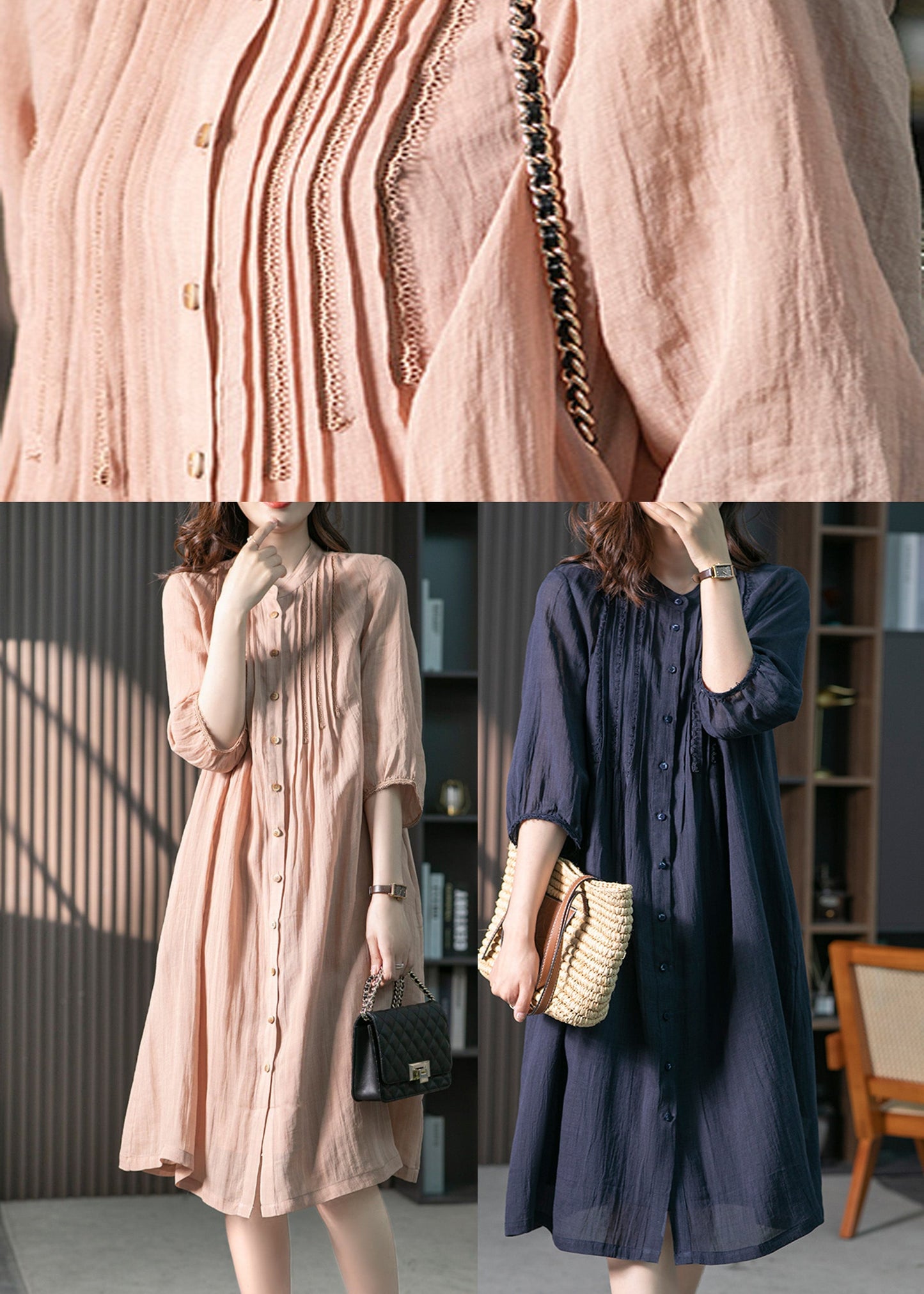 Fitted Pink Stand Collar Button Linen Maxi Dresses Spring Ly1745