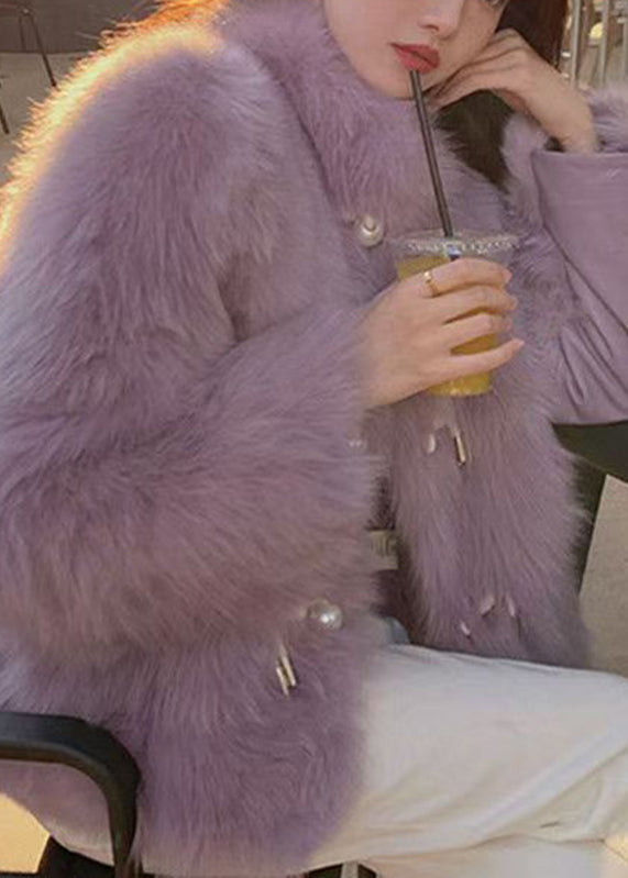 Fitted Purple Stand Collar Button Leather and Fur Coats Winter Rd008
