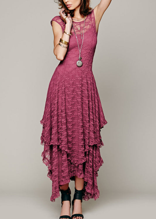Fitted Rose Asymmetrical Hollow Out Lace Long Dress Summer Th051