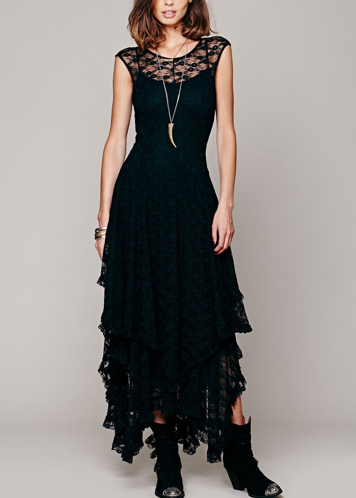 Fitted Rose Asymmetrical Hollow Out Lace Long Dress Summer Th051