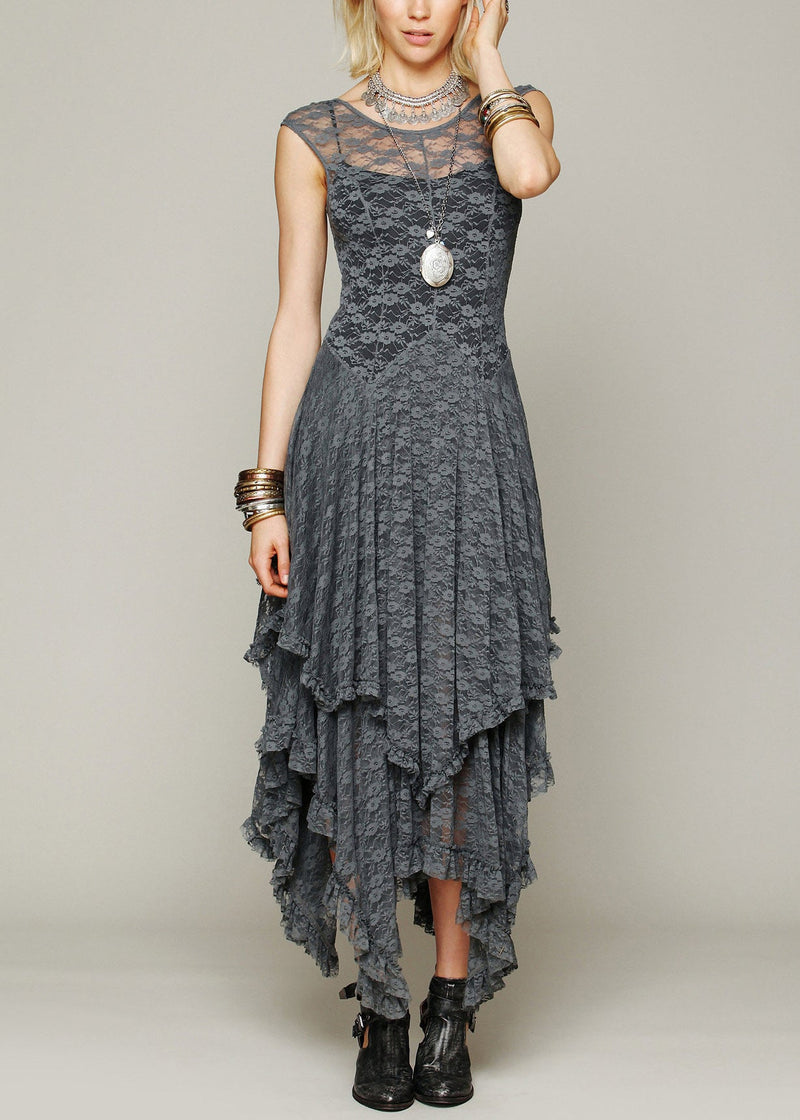 Fitted Rose Asymmetrical Hollow Out Lace Long Dress Summer Th051