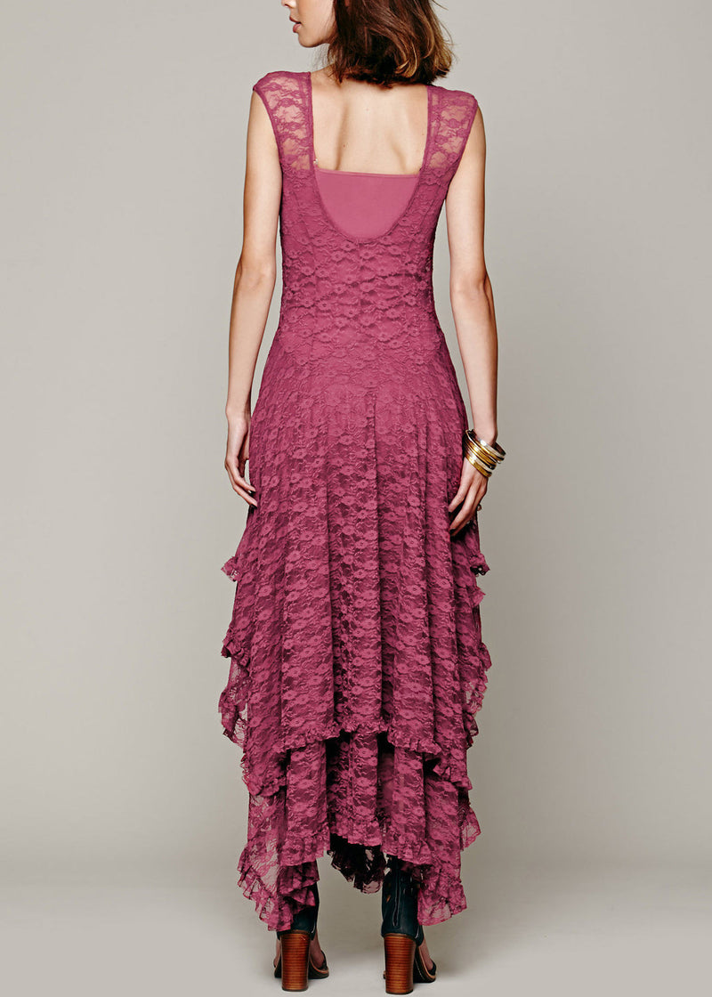 Fitted Rose Asymmetrical Hollow Out Lace Long Dress Summer Th051
