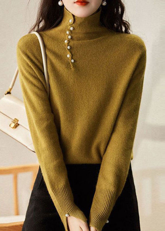 Fitted Yellow Hign Neck Bead Button Woolen Sweater Spring To018