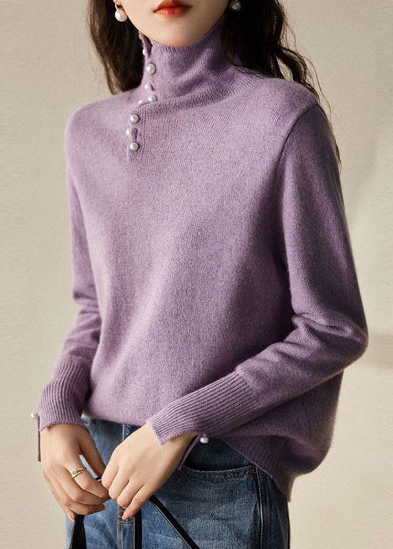 Fitted Yellow Hign Neck Bead Button Woolen Sweater Spring To018