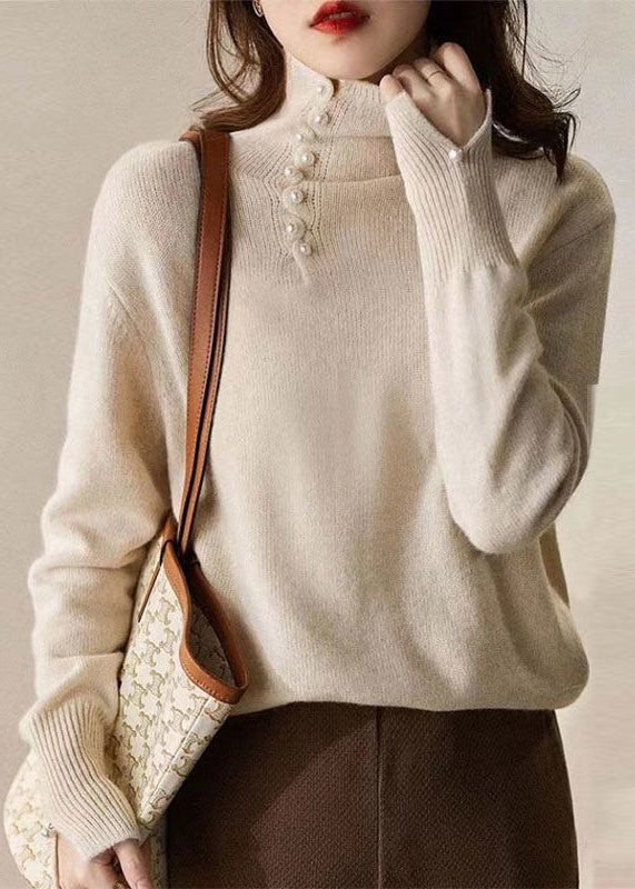 Fitted Yellow Hign Neck Bead Button Woolen Sweater Spring To018