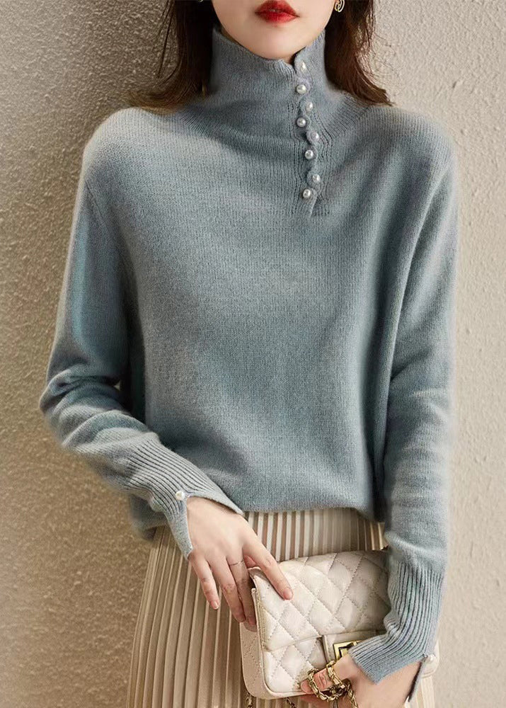 Fitted Yellow Hign Neck Bead Button Woolen Sweater Spring To018