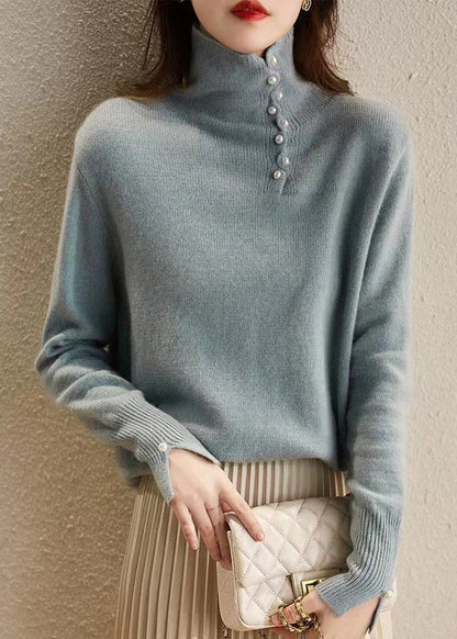 Fitted Yellow Hign Neck Bead Button Woolen Sweater Spring To018
