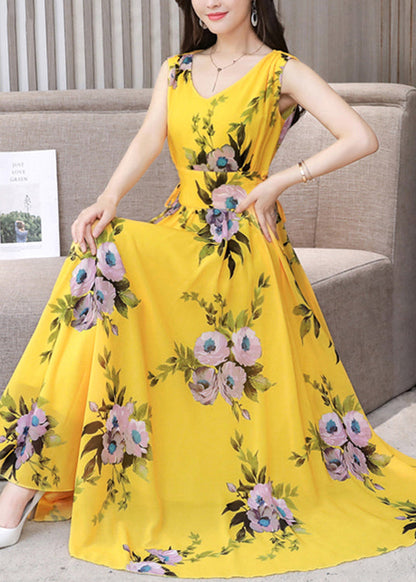 Fitted Yellow V Neck Print Chiffon Long Dress Summer Ly1709
