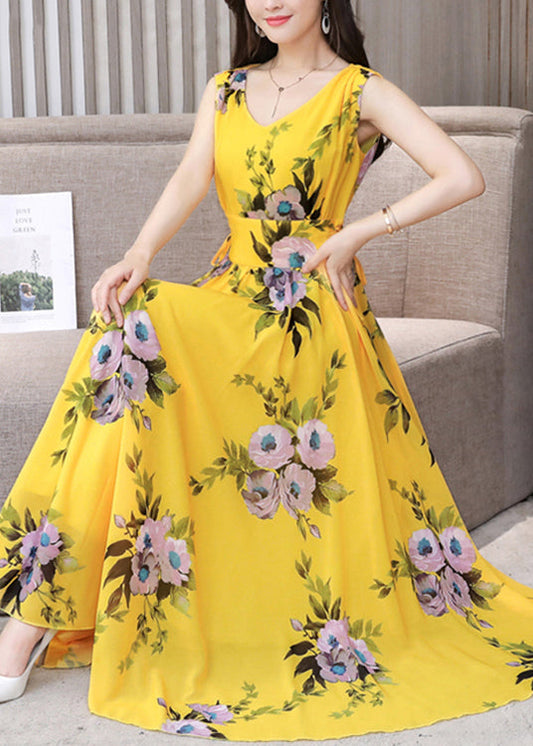 Fitted Yellow V Neck Print Chiffon Long Dress Summer Ly1709