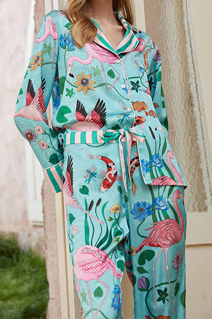 Flamingo Print Long Sleeve Lace Up Pants Loungewear