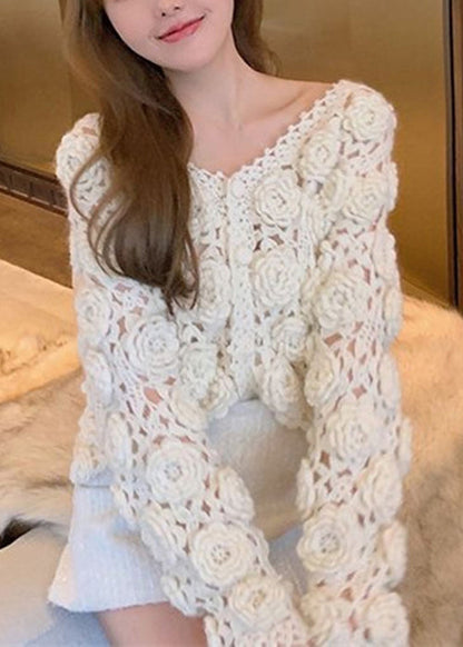 Beige Button Hollow Out Cotton Knit Coats Spring Gem594