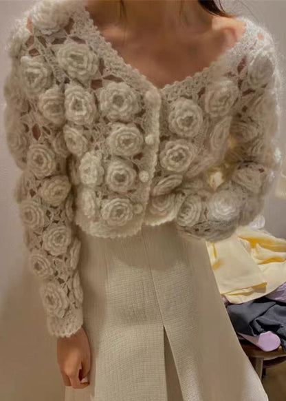 Beige Button Hollow Out Cotton Knit Coats Spring Gem594