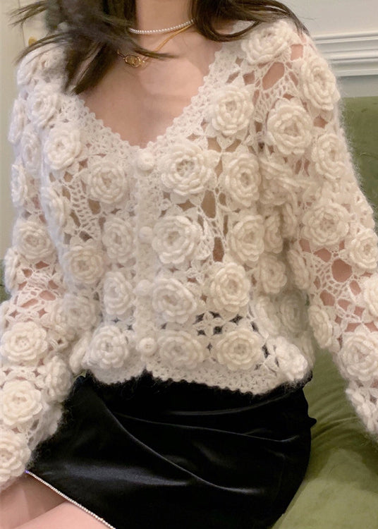 Beige Button Hollow Out Cotton Knit Coats Spring Gem594