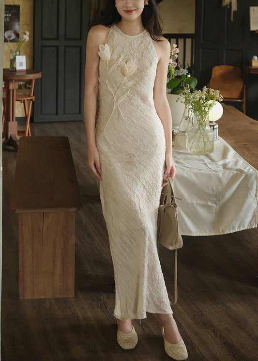 Beige O-neck Side Open Silk Long Dresses Sleeveless Kk035