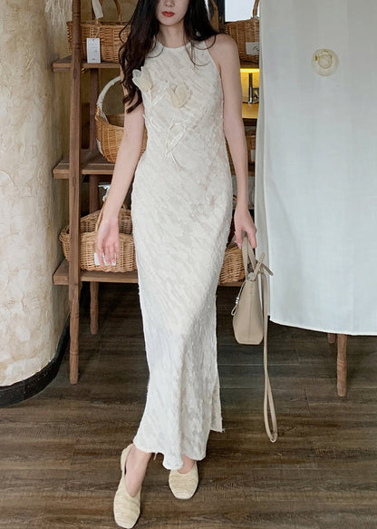 Beige O-neck Side Open Silk Long Dresses Sleeveless Kk035