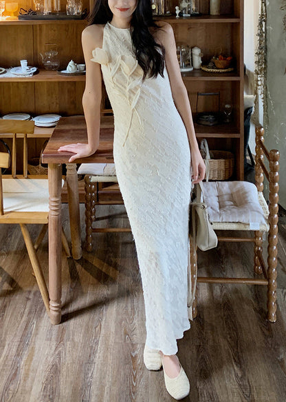 Beige O-neck Side Open Silk Long Dresses Sleeveless Kk035