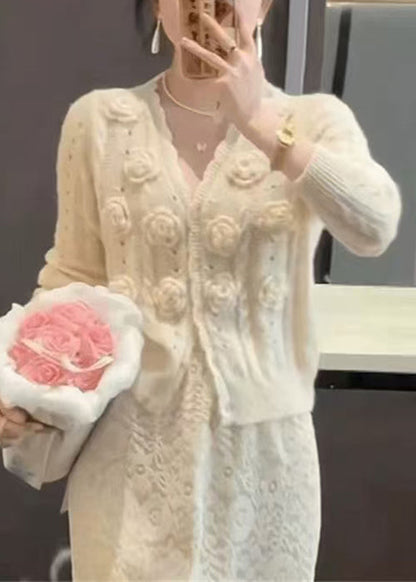 Beige V Neck Hollow Out Knit Cardigans Winter Wk016
