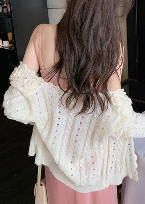Beige V Neck Hollow Out Knit Cardigans Winter Wk016