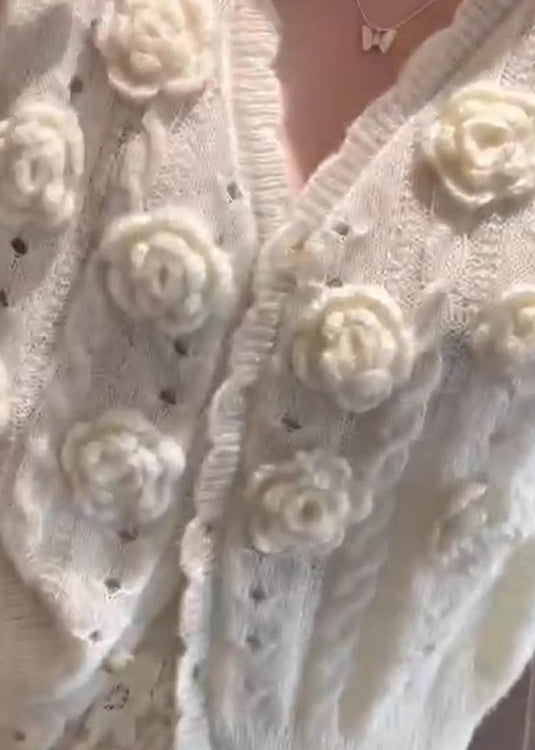 Beige V Neck Hollow Out Knit Cardigans Winter Wk016
