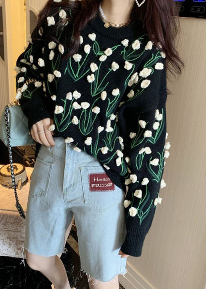 Black O Neck Cozy Cotton Knit Sweater Winter Wy007